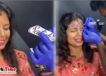 স্বামীর নামে কপালে ট্যাটু করিয়ে ভাইরাল তরুণী